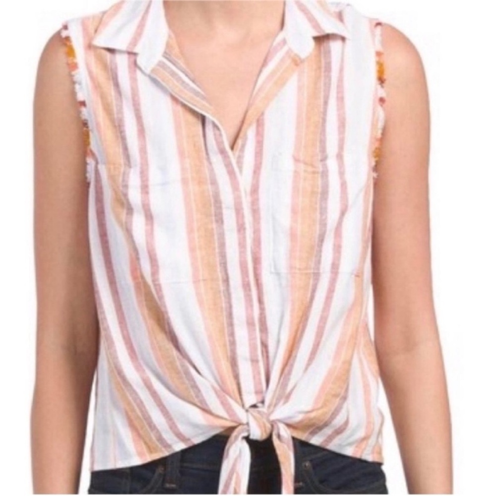Cloth & Stone Anthropologie tank top cream brown striped fringe knot buttons